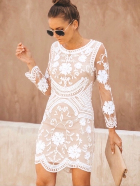 Minuet Petite Dresses & Skirts - VICI Minuet Petite Nude Dress with White Floral Lace Overlay